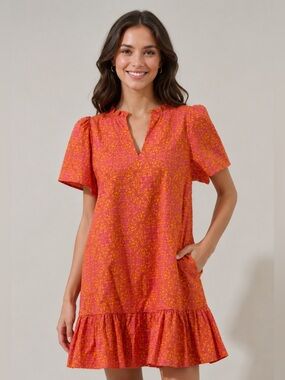 NWOT Sugarlips Size XS Orange and Pink Paisley Mini Ruffle V Neck Dress Women